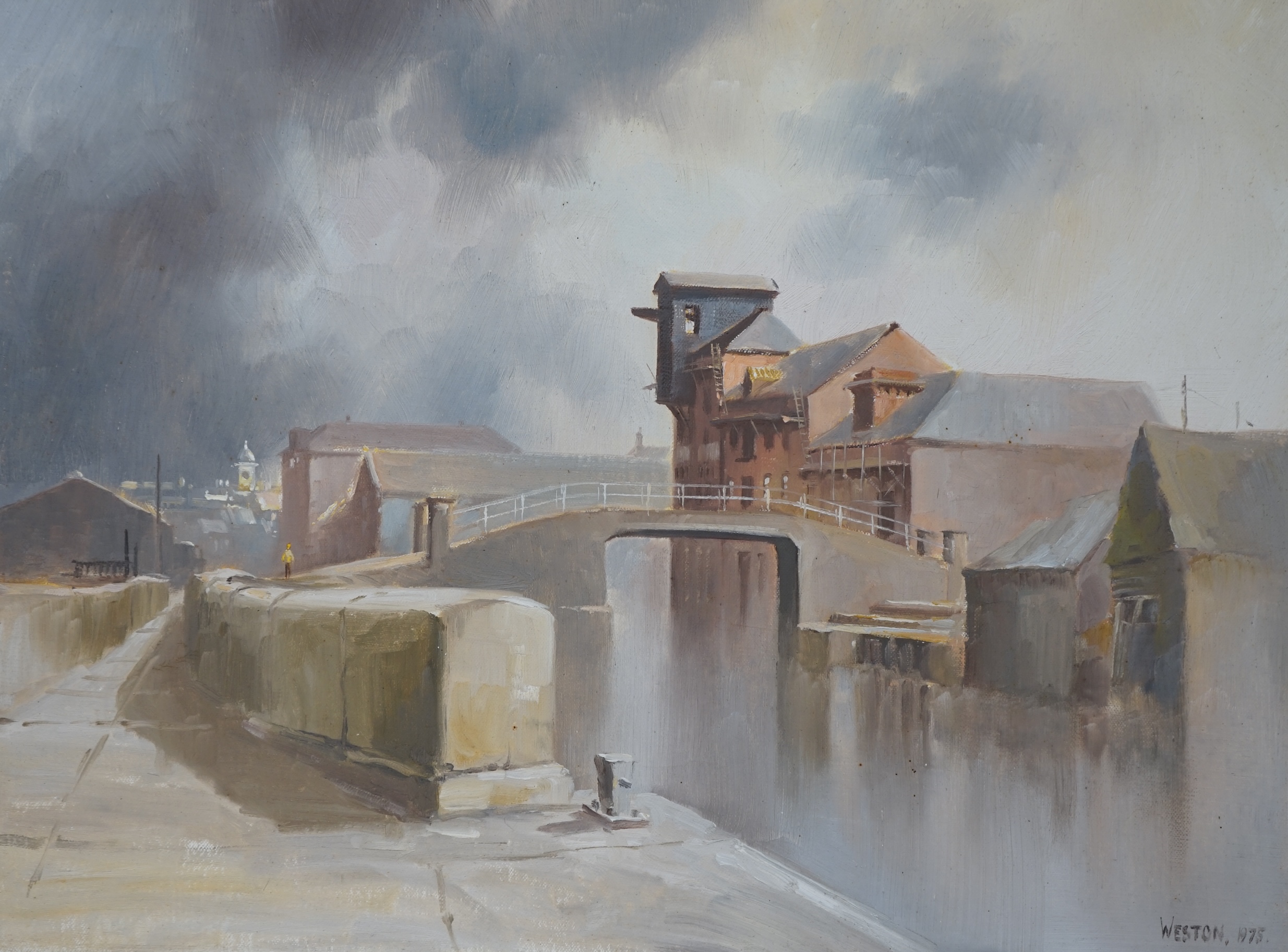 David Weston (1935-2011), oil on canvas, 'View of the Trent and Mersey Canal, Newark', signed and dated 1975, 29 x 39cm. Condition - good, would benefit from a clean